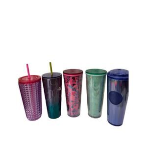 Set of 5 Starbucks and Dunkin Donuts Travel Cups Colorful Plastic & Stainless